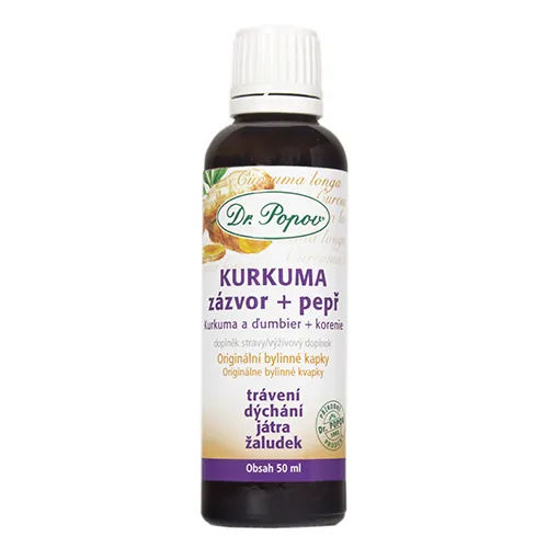 KURKUMA + zázvor + pepř, originální bylinné kapky, 50 ml