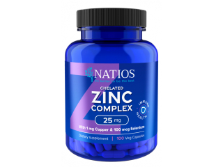 NATIOS Zinc Chelated Complex, Zinek, selen a měď, 25 mg, 100 veganských kapslí 🌱